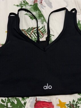 ALO Yoga Black Ribbed Sports Bra with Thin Straps